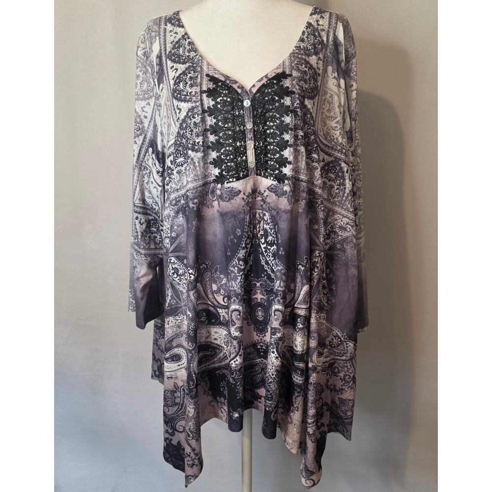 One World Paisley Print Lace Applique Henley Tunic Top Grey Mauve NEW